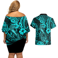 Hawaii Fish Hook Couples Matching Off Shoulder Short Dress and Hawaiian Shirt Hibiscus Hawaii Tribal Tattoo Turquoise Version LT01 - Polynesian Pride