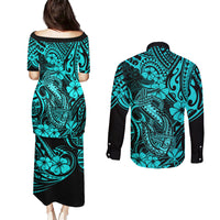 Hawaii Fish Hook Couples Matching Puletasi Dress and Long Sleeve Button Shirts Hibiscus Hawaii Tribal Tattoo Turquoise Version LT01 - Polynesian Pride