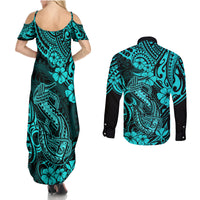 Hawaii Fish Hook Couples Matching Summer Maxi Dress and Long Sleeve Button Shirts Hibiscus Hawaii Tribal Tattoo Turquoise Version LT01 - Polynesian Pride