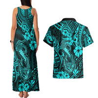 Hawaii Fish Hook Couples Matching Tank Maxi Dress and Hawaiian Shirt Hibiscus Hawaii Tribal Tattoo Turquoise Version LT01 - Polynesian Pride