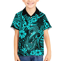 Hawaii Fish Hook Family Matching Off Shoulder Maxi Dress and Hawaiian Shirt Hibiscus Hawaii Tribal Tattoo Turquoise Version LT01 Son's Shirt Turquoise - Polynesian Pride