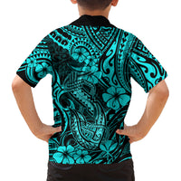 Hawaii Fish Hook Family Matching Tank Maxi Dress and Hawaiian Shirt Hibiscus Hawaii Tribal Tattoo Turquoise Version LT01 - Polynesian Pride