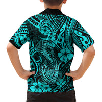 Hawaii Fish Hook Kid Hawaiian Shirt Hibiscus Hawaii Tribal Tattoo Turquoise Version LT01 - Polynesian Pride