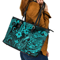 Hawaii Fish Hook Leather Tote Bag Hibiscus Hawaii Tribal Tattoo Turquoise Version LT01 - Polynesian Pride