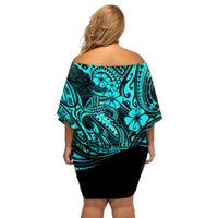 Hawaii Fish Hook Off Shoulder Short Dress Hibiscus Hawaii Tribal Tattoo Turquoise Version LT01 - Polynesian Pride