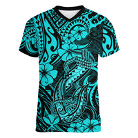 Hawaii Fish Hook Women V Neck T Shirt Hibiscus Hawaii Tribal Tattoo Turquoise Version LT01 Female Turquoise - Polynesian Pride