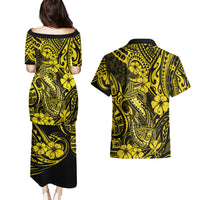 Hawaii Fish Hook Couples Matching Puletasi Dress and Hawaiian Shirt Hibiscus Hawaii Tribal Tattoo Yellow Version LT01 - Polynesian Pride