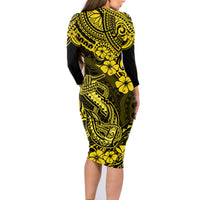 Hawaii Fish Hook Family Matching Long Sleeve Bodycon Dress and Hawaiian Shirt Hibiscus Hawaii Tribal Tattoo Yellow Version LT01 - Polynesian Pride