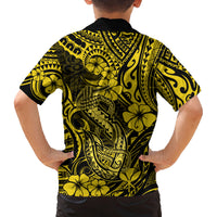 Hawaii Fish Hook Family Matching Off Shoulder Maxi Dress and Hawaiian Shirt Hibiscus Hawaii Tribal Tattoo Yellow Version LT01 - Polynesian Pride