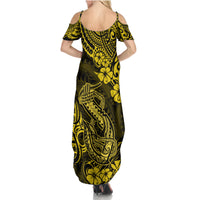 Hawaii Fish Hook Family Matching Summer Maxi Dress and Hawaiian Shirt Hibiscus Hawaii Tribal Tattoo Yellow Version LT01 - Polynesian Pride