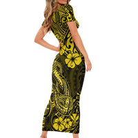 Hawaii Fish Hook Short Sleeve Bodycon Dress Hibiscus Hawaii Tribal Tattoo Yellow Version LT01 - Polynesian Pride