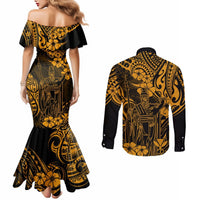 Hawaii King Kamehameha Couples Matching Mermaid Dress and Long Sleeve Button Shirts Polynesian Pattern Gold Version LT01 - Polynesian Pride