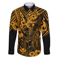 Hawaii King Kamehameha Family Matching Off Shoulder Short Dress and Hawaiian Shirt Polynesian Pattern Gold Version LT01 Dad's Shirt - Long Sleeve Gold - Polynesian Pride