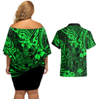 Hawaii King Kamehameha Couples Matching Off Shoulder Short Dress and Hawaiian Shirt Polynesian Pattern Green Version LT01 - Polynesian Pride