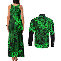 Hawaii King Kamehameha Couples Matching Tank Maxi Dress and Long Sleeve Button Shirts Polynesian Pattern Green Version LT01 - Polynesian Pride