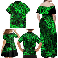 Hawaii King Kamehameha Family Matching Off Shoulder Maxi Dress and Hawaiian Shirt Polynesian Pattern Green Version LT01 - Polynesian Pride