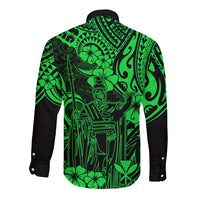 Hawaii King Kamehameha Long Sleeve Button Shirt Polynesian Pattern Green Version LT01 - Polynesian Pride