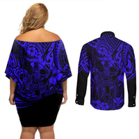 Hawaii King Kamehameha Couples Matching Off Shoulder Short Dress and Long Sleeve Button Shirts Polynesian Pattern Navy Blue Version LT01 - Polynesian Pride