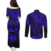 Hawaii King Kamehameha Couples Matching Puletasi Dress and Long Sleeve Button Shirts Polynesian Pattern Navy Blue Version LT01 - Polynesian Pride