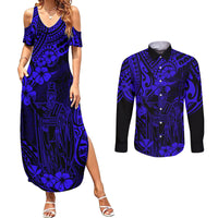 Hawaii King Kamehameha Couples Matching Summer Maxi Dress and Long Sleeve Button Shirts Polynesian Pattern Navy Blue Version LT01 Blue - Polynesian Pride