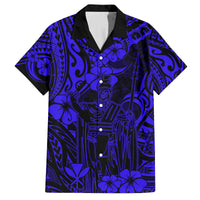 Hawaii King Kamehameha Family Matching Off Shoulder Long Sleeve Dress and Hawaiian Shirt Polynesian Pattern Navy Blue Version LT01 Dad's Shirt - Short Sleeve Blue - Polynesian Pride