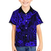 Hawaii King Kamehameha Family Matching Short Sleeve Bodycon Dress and Hawaiian Shirt Polynesian Pattern Navy Blue Version LT01 Son's Shirt Blue - Polynesian Pride