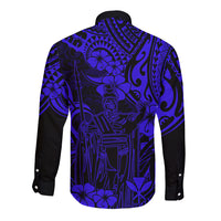 Hawaii King Kamehameha Long Sleeve Button Shirt Polynesian Pattern Navy Blue Version LT01 - Polynesian Pride