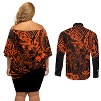 Hawaii King Kamehameha Couples Matching Off Shoulder Short Dress and Long Sleeve Button Shirts Polynesian Pattern Orange Version LT01 - Polynesian Pride