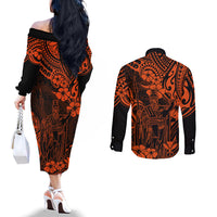 Hawaii King Kamehameha Couples Matching Off The Shoulder Long Sleeve Dress and Long Sleeve Button Shirts Polynesian Pattern Orange Version LT01 - Polynesian Pride