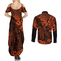 Hawaii King Kamehameha Couples Matching Summer Maxi Dress and Long Sleeve Button Shirts Polynesian Pattern Orange Version LT01 - Polynesian Pride