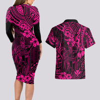 Hawaii King Kamehameha Couples Matching Long Sleeve Bodycon Dress and Hawaiian Shirt Polynesian Pattern Pink Version LT01 - Polynesian Pride