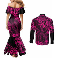 Hawaii King Kamehameha Couples Matching Mermaid Dress and Long Sleeve Button Shirts Polynesian Pattern Pink Version LT01 - Polynesian Pride