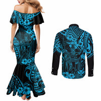Hawaii King Kamehameha Couples Matching Mermaid Dress and Long Sleeve Button Shirts Polynesian Pattern Sky Blue Version LT01 - Polynesian Pride