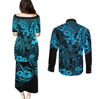 Hawaii King Kamehameha Couples Matching Puletasi Dress and Long Sleeve Button Shirts Polynesian Pattern Sky Blue Version LT01 - Polynesian Pride