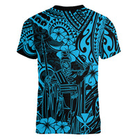 Hawaii King Kamehameha Women V Neck T Shirt Polynesian Pattern Sky Blue Version LT01 - Polynesian Pride