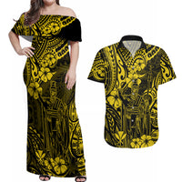 Hawaii King Kamehameha Couples Matching Off Shoulder Maxi Dress and Hawaiian Shirt Polynesian Pattern Yellow Version LT01 Yellow - Polynesian Pride