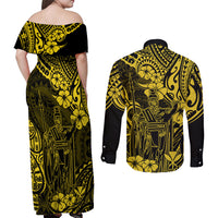 Hawaii King Kamehameha Couples Matching Off Shoulder Maxi Dress and Long Sleeve Button Shirts Polynesian Pattern Yellow Version LT01 - Polynesian Pride