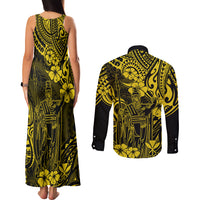 Hawaii King Kamehameha Couples Matching Tank Maxi Dress and Long Sleeve Button Shirts Polynesian Pattern Yellow Version LT01 - Polynesian Pride