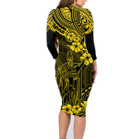 Hawaii King Kamehameha Family Matching Long Sleeve Bodycon Dress and Hawaiian Shirt Polynesian Pattern Yellow Version LT01 - Polynesian Pride