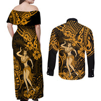 Hawaii Hula Girl Couples Matching Off Shoulder Maxi Dress and Long Sleeve Button Shirts Polynesian Pattern Gold Version LT01 - Polynesian Pride