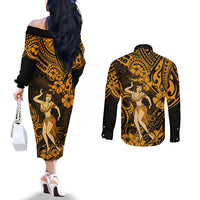 Hawaii Hula Girl Couples Matching Off The Shoulder Long Sleeve Dress and Long Sleeve Button Shirts Polynesian Pattern Gold Version LT01 - Polynesian Pride