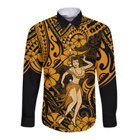 Hawaii Hula Girl Long Sleeve Button Shirt Polynesian Pattern Gold Version LT01 Unisex Gold - Polynesian Pride
