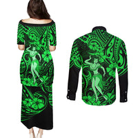 Hawaii Hula Girl Couples Matching Puletasi Dress and Long Sleeve Button Shirts Polynesian Pattern Green Version LT01 - Polynesian Pride