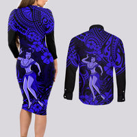 Hawaii Hula Girl Couples Matching Long Sleeve Bodycon Dress and Long Sleeve Button Shirts Polynesian Pattern Navy Blue Version LT01 - Polynesian Pride