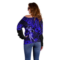Hawaii Hula Girl Off Shoulder Sweater Polynesian Pattern Navy Blue Version LT01 - Polynesian Pride