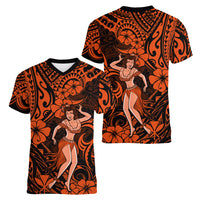 Hawaii Hula Girl Women V Neck T Shirt Polynesian Pattern Orange Version LT01 - Polynesian Pride