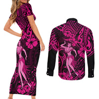 Hawaii Hula Girl Couples Matching Short Sleeve Bodycon Dress and Long Sleeve Button Shirts Polynesian Pattern Pink Version LT01 - Polynesian Pride