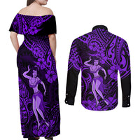 Hawaii Hula Girl Couples Matching Off Shoulder Maxi Dress and Long Sleeve Button Shirts Hibiscus Hawaii Tribal Tattoo Purple Version LT01 - Polynesian Pride