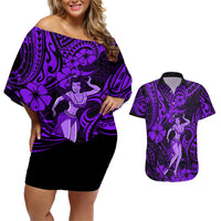 Hawaii Hula Girl Couples Matching Off Shoulder Short Dress and Hawaiian Shirt Hibiscus Hawaii Tribal Tattoo Purple Version LT01 Purple - Polynesian Pride