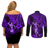 Hawaii Hula Girl Couples Matching Off Shoulder Short Dress and Long Sleeve Button Shirts Hibiscus Hawaii Tribal Tattoo Purple Version LT01 - Polynesian Pride
